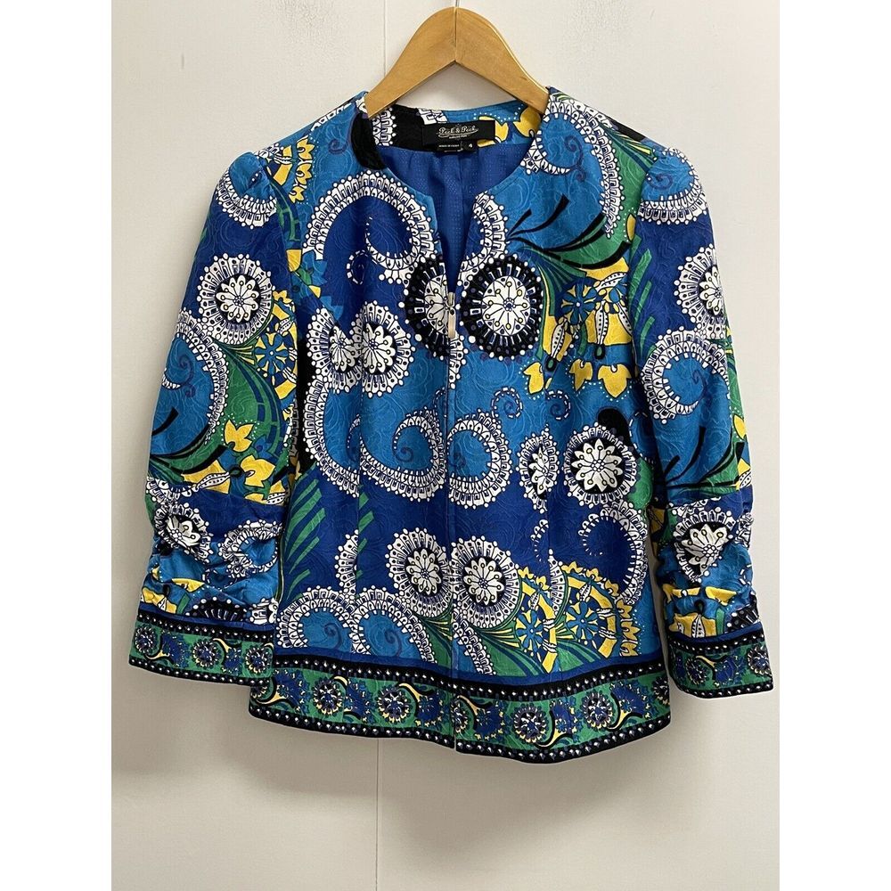 Peck & Peck Woman's 4 Blue Print Blazer Jacket Zip Front 3/4 Ruched Sleeve Lined